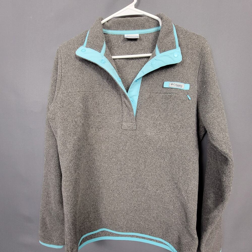 Columbia Gray Fleece Snap Pullover Blue Trim Warm Soft Outdoor Layer